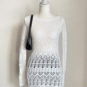 Caché Y2K White Crochet Knit Sweater Boho Chic Indie Sleaze Coquette Beach 90s